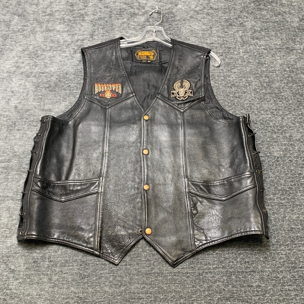Vintage Bonus Motocycle Vest Mens 52 Black Leather Patches & Pins Snap Front